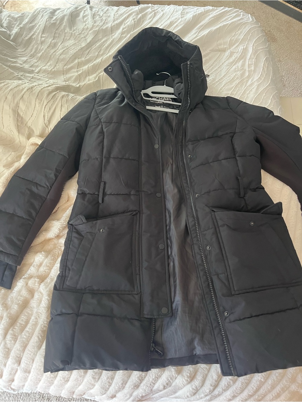 Michael Kors Black Quilted Long Puffer Coat with Hood